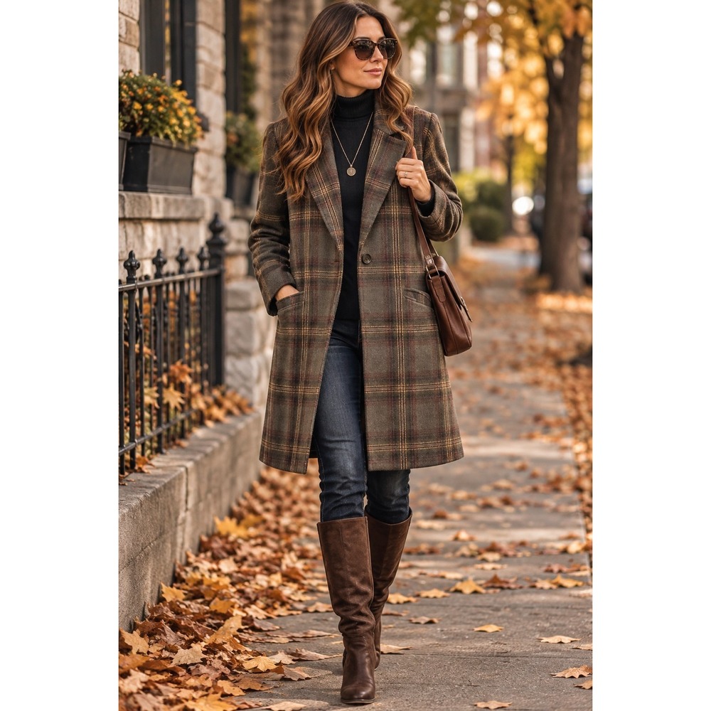 HYFVE Plaid Longline Coat Womens M Olive Brown Dark Academia Fall Lined